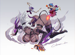  alternate_costume aqua_hair ass black_footwear black_hair black_sleeves bondage_outfit boots brave_phoenix_xayah breasts breath_weapon breathing_fire character_request citemer dark-skinned_female dark_skin detached_sleeves dragon_trainer_heimerdinger dragon_trainer_lulu fire gradient_background hat heimerdinger high_heel_boots high_heels highres horns large_breasts league_of_legends lulu_(league_of_legends) lunar_wraith_sylas o-ring oerba_yun_fang open_mouth pointy_ears purple_eyes purple_hair purple_nails revealing_clothes signature solo_focus sylas_(league_of_legends) syndra tail white_hair wizard_hat x_x xayah 