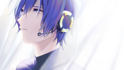  1boy blue_eyes blue_hair commentary from_side headphones headset kaito_(vocaloid) looking_away male_focus nokuhashi parted_lips portrait solo sunlight vocaloid 