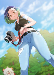  absurdres ass_visible_through_thighs bare_shoulders black_shirt blue_hair bob_cut breasts brown_eyes camera canine collarbone covered_eyes crop_top denim female gradient_hair heydove highres hisuian_growlithe holding holding_camera horns jeans large_breasts legs looking_at_viewer loose_hair_strand midriff multicolored_hair navel pants perrin_(pokemon) pokemon pokemon_(creature) pokemon_sv ribbed_shirt shirt single_horn sleeveless sleeveless_shirt two-tone_hair undershirt v-neck watch wristwatch 