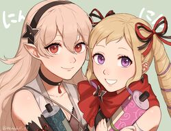  2girls alternate_costume blonde_hair blush bodysuit bow breasts corrin_(female)_(fire_emblem) corrin_(female)_(ninja)_(fire_emblem) corrin_(fire_emblem) elise_(fire_emblem) elise_(ninja)_(fire_emblem) fire_emblem fire_emblem_fates fire_emblem_heroes grey_hair hair_between_eyes hair_ornament hairband hairbow highres japanese_clothes long_hair looking_at_viewer multiple_girls ninja official_alternate_costume peach11_01 pointy_ears purple_eyes red_eyes scarf simple_background smile twintails white_hair 