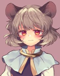  animal_ears black_vest blush cape commentary_request female grey_hair long_sleeves looking_at_viewer mouse_ears nazrin pink_background red_eyes shirt short_hair solo sweatdrop tomobe_kinuko touhou upper_body vest wavy_mouth white_shirt 