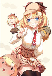  animal blonde_hair blue_eyes bob_cut brown_hat brown_skirt bubba_(watson_amelia) canine chibi deerstalker detective doll female grin hair_ornament hanh_chu hat highres hololive hololive_english kotori_photobomb long_sleeves looking_at_viewer necktie open_mouth pocket_watch polo_shirt red_necktie shirt short_hair skirt smile smol_ame solo teeth virtual_youtuber watch watson_amelia watson_amelia_(1st_costume) white_shirt yellow_background 