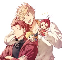  2boys blonde_hair doll granblue_fantasy kingyo_114 male_focus multiple_boys percival_(granblue_fantasy) red_hair red_shirt shirt smile stuffed_toy vane_(granblue_fantasy) white_background white_shirt 