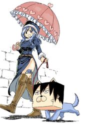  1boy belt blue_hair boots breasts canine collar commentary fairy_tail female full_body gray_fullbuster hair_between_eyes hat heart juvia_lockser knee_boots leash leg_tattoo mashima_hiro medium_hair official_art shadow simple_background smile tattoo umbrella walking wall white_background 