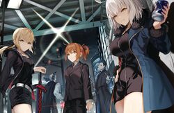  2boys 3girls ahoge artoria_pendragon_(fate) belt black_camisole black_dress black_jacket black_neckwear black_pants black_ribbon black_shorts blonde_hair blue_butterfly blue_coat blue_jacket bug building butterfly camisole can cape coat collared_shirt commentary_request crushed_can dark_persona dress excalibur_morgan_(fate) facial_hair fate/grand_order fate_(series) formal from_below fujimaru_ritsuka_(female) fujimaru_ritsuka_(female)_(royal_brand) full-length_zipper fur-trimmed_coat fur-trimmed_jacket fur-trimmed_sleeves fur_trim gloves grey_shirt grin hair_slicked_back high_ponytail highres holding holding_can holding_sword holding_weapon jacket james_moriarty_(archer)_(fate) jeanne_d&#039;arc_alter_(fate) jeanne_d&#039;arc_alter_(ver._shinjuku_1999)_(fate) jewelry lens_flare low_ponytail low_tied_hair magnifying_glass motto_(night_wear) moustache multiple_boys multiple_girls necklace night night_sky official_alternate_costume old old_man open_clothes open_coat open_jacket orange_eyes orange_hair pant_suit pants ponytail ribbon saber_alter saber_alter_(ver._shinjuku_1999)_(fate) sherlock_holmes_(fate) shirt short_dress short_hair short_shorts shorts sidelocks sky smile standing suit sword thighs weapon white_belt white_gloves white_hair yellow_eyes zipper zipper_dress 