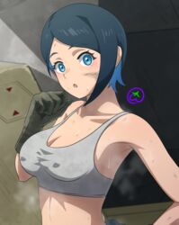  :o artist_logo bare_shoulders blue_eyes blue_hair blue_jumpsuit breasts brown_gloves check_commentary collarbone colored_inner_hair commentary commentary_request covered_nipples dark_blue_hair dirty dirty_face female gloves grey_sports_bra gundam gundam_suisei_no_majo highres jumpsuit mechanic medium_breasts multicolored_hair nasubi_atmark navel nika_nanaura open_mouth shirt short_hair solo sports_bra steam steaming_body stomach sweat tied_jumpsuit upper_body white_shirt 