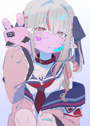  absurdres bandaid black_bow blue_nails blue_sailor_collar blush bow cellphone female fingernails grey_hair hairbow hand_up heart heart-shaped_pupils highres holding holding_phone jacket long_sleeves looking_at_viewer makaino_ririmu makaino_ririmu_(4th_costume) mask mouth_mask multicolored_hair nail_polish neckerchief nijisanji off_shoulder phone pink_jacket pink_mask pointy_ears red_hair red_neckerchief sailor_collar school_uniform serafuku shirt short_sleeves sleeves_past_fingers sleeves_past_wrists smartphone smartphone_case smile solo squatting streaked_hair surgical_mask symbol-shaped_pupils twintails two-tone_hair utsusumi_kio virtual_youtuber white_shirt 