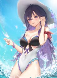  absurdres ahoge arm_ribbon bare_shoulders breasts bug butterfly casual_one-piece_swimsuit cleavage covered_navel cowboy_shot day female frilled_one-piece_swimsuit frills grin hand_up hat highleg highleg_swimsuit highres honkai:_star_rail honkai_(series) long_hair looking_at_viewer medium_breasts one-piece_swimsuit outdoors purple_eyes purple_hair ribbon seele_(honkai:_star_rail) smile solo standing sun_hat swimsuit thighs wading wet.elephant white_hat white_one-piece_swimsuit 