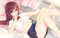  ahoge arima_senne barefoot bed bedroom bra breasts brown_hair female glasses highres kashiwamochi_yomogi large_breasts lingerie long_hair lying midriff on_bed open_clothes open_shirt original panties panty_pull red_eyes ribbon school_uniform shirt skirt smile solo thighs underwear 