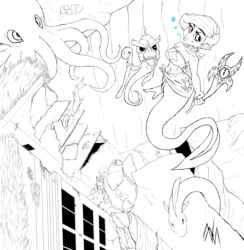  absurd_res detailed_background duo duo_focus eel female fish group hi_res line_art lips male male/female marine merfolk monochrome nekomajinsama not_furry split_form taur thick_lips toony underwater water 