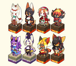  2boys 6+girls agni_(fullbokko_heroes) animal_ears animal_nose barefoot black_fur black_hair black_pantyhose body_fur bright_pupils chantico_(fullbokko_heroes) commentary_request fox fox_ears fox_girl fox_tail fullbokko_heroes furry ginkaku_(fullbokko_heroes) highres horizontal_pupils horns huotou_(fullbokko_heroes) kishibe long_hair multiple_boys multiple_girls nue_(fullbokko_heroes) ooguchi_no_magami_(fullbokko_heroes) orange_eyes orange_fur ougiya_sadamasa_(fullbokko_heroes) pantyhose purple_eyes purple_fur red_eyes sheep_horns short_hair simple_background snout standing tail thighhighs two-tone_fur white_background white_fur white_hair white_pupils xolotl_(fullbokko_heroes) yellow_eyes yellow_fur 