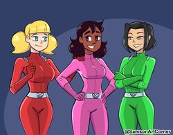  3girls asian_female belt big_breasts black_hair blonde_hair blue_eyes brown_eyes cartoon_network clothed clothed_female connie_maheswaran crossover dark-skinned_female dark_skin friends green_outfit handwear hazel_eyes human indian inspector_gadget jackie_chan_adventures jade_chan light-skinned_female orange_eyes pale_skin penny_gadget pink_outfit ponytail red_outfit samson_00 short_hair skintight_bodysuit sony steven_universe totally_spies trio yellow_eyes 