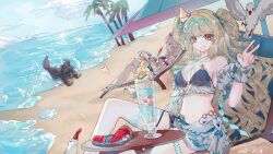  1other 2girls bare_shoulders beach beach_umbrella bikini bird blonde_hair blue_bikini blue_shorts breasts canine cleavage commentary_request crab criss-cross_halter day detached_sleeves duonigue_(honkai_impact) eyewear_on_head food fruit grin halterneck highres honkai_(series) honkai_impact_3rd ice_cream long_hair looking_at_viewer medium_breasts multiple_girls navel ocean official_alternate_costume ozzo_(ozzo855122) palm_tree popsicle red_eyes sand seagull seashell shell shorts sitting sky smile songque songque_(summertime_reminiscences) starfish sundae sunglasses swimsuit thelema_nutriscu thelema_nutriscu_(roseate_summer) tree twintails umbrella v water watermelon watermelon_slice wrist_cuffs 