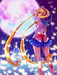  back_bow bishoujo_senshi_sailor_moon blonde_hair blue_eyes blue_sailor_collar blue_skirt boots bow bug butterfly castle commentary_request double_bun elbow_gloves female from_behind full_body full_moon gloves hair_bun hair_ornament hairpin hand_on_own_hip knee_boots long_hair looking_back magical_girl moon photoshop_(medium) pink_moon pleated_skirt red_bow sailor_collar sailor_moon sailor_senshi_uniform saojou skirt smile solo standing tiara tsukino_usagi twintails white_gloves 