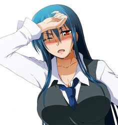  bad_id bad_pixiv_id blue_hair blush breasts cleavage diamond_cut_diamond female large_breasts long_hair necktie official_art one_eye_closed red_eyes shigyou_yuuyami solo sweat taguchi_kenji_(omaep) 