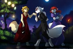  2017 3:2 anthro barefoot blonde_hair blue_eyes bowing breasts brother_(lore) bucket canid canine canis cleavage closed_eyes clothed clothing colored conditional_dnp container detailed_background digitigrade dress ears_back euchre evening_dress eyewear feet female fur glasses green_eyes grey_hair group hair hand_behind_back hi_res keidran kissing_hand licking lilith_(twokinds) male mammal mentioned_character moon night outside pivoted_ears plant ponytail purse red_hair robe roselyn_(twokinds) sibling_(lore) sister_(lore) smile tan_body tan_fur text tom_fischbach tongue tongue_out tree twokinds url water white_body white_fur wolf zen_(twokinds) 