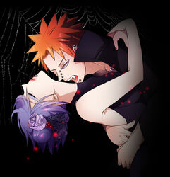  1boy artist_request fangs female halloween kanenote konan labret_piercing naruto naruto_shippuuden orange_hair pain_(naruto) piercing pixiv_id_2442330 purple_hair spider_web vampire 