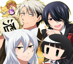  3boys armband bell black_hair blunt_bangs bowl chibi chopsticks collar commentary_request cup_ramen drinking eating female food green_eyes gugure!_kokkuri-san hair_over_one_eye hat highres ichimatsu_kohina inugami_(gugukoku) itsuho_(panel11) jingle_bell kokkuri-san_(gugukoku) light_brown_hair multiple_boys noodles open_mouth outline own_hands_together ramen red_eyes scar scar_across_eye scar_on_face shigaraki_(gugukoku) smile sun_hat white_hair yellow_eyes 