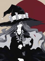  anna_(granblue_fantasy) azu401 bad_id bad_twitter_id candle dress female granblue_fantasy hair_over_one_eye hat holding jewelry long_hair long_sleeves looking_at_viewer necklace open_mouth skull solo stuffed_animal stuffed_cat stuffed_toy very_long_hair witch witch_hat 