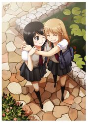  2girls bad_perspective bag black_hair brown_eyes brown_hair closed_eyes commentary commission english_commentary fish from_above girl_friends_(manga) hug kumakura_mariko lily_pad long_hair meago multiple_girls one_eye_closed oohashi_akiko open_mouth pond school_uniform short_hair short_sleeves skirt smile yuri 