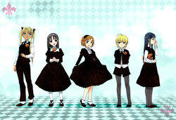  5girls angelica_(gunslinger_girl) bad_id bad_pixiv_id black_eyes black_hair blonde_hair blue_eyes bob_cut book boutonniere brown_eyes brown_hair claes dress everyone fleur-de-lis flower glasses grey_pantyhose gunslinger_girl hair_flower hair_ornament hair_ribbon hairband henrietta_(gunslinger_girl) interlocked_fingers long_hair multiple_girls neck_flower necktie orange_flower orange_rose own_hands_clasped own_hands_together pants pantyhose ribbon rico_(gunslinger_girl) rose short_hair shorts skirt_hold socks triela twintails waistcoat white_pantyhose yoshi_susuki 