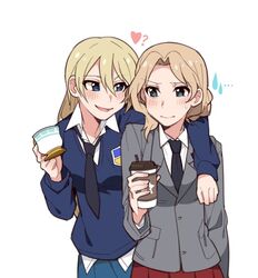  ... 2girls ? alternate_hairstyle arm_around_shoulder bad_id bad_twitter_id black_necktie blazer blonde_hair blue_sweater blush breasts cup darjeeling_(girls_und_panzer) disposable_coffee_cup disposable_cup dress_shirt girls_und_panzer grabbing green_eyes hair_down hair_up heart ilhi jacket kay_(girls_und_panzer) loose_necktie multiple_girls necktie personality_switch role_reversal saunders_school_uniform school_uniform shirt smile st._gloriana&#039;s_school_uniform sweatdrop sweater teacup untucked_shirt v-neck white_background white_shirt yuri 