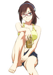  alcohol alternate_hairstyle barefoot beer beer_can breasts brown_hair can commentary_request cosplay drink_can evangelion:_2.0_you_can_(not)_advance feet female glasses green_eyes grin hairband katsuragi_misato katsuragi_misato_(cosplay) large_breasts makinami_mari_illustrious md5_mismatch midriff navel neon_genesis_evangelion norizou one_eye_closed ponytail rebuild_of_evangelion sitting smile solo tank_top yebisu 