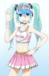  aqua_hair bad_hands blue_eyes cheer_(module) commentary_request female hand_on_own_hip hatsune_miku headset highres kenshin_(kenshin3) long_hair midriff navel open_mouth project_diva project_diva_(series) skirt solo twintails visor_cap vocaloid waving wristband 