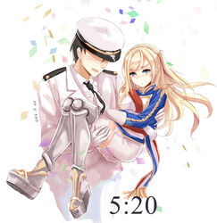  1boy admiral_(warship_girls_r) blonde_hair blue_eyes blush boots braid carrying chinese_commentary commentary_request confetti couple crown_braid dated epaulettes faceless faceless_male female gloves highres long_hair necktie necktie_grab neckwear_grab one_side_up open_mouth princess_carry richelieu_(warship_girls_r) skirt straight swept_bangs thigh_boots thighhighs uniform warship_girls_r white_gloves white_legwear white_skirt yuemanhuaikong 