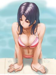  active_raid bikini black_hair breasts cleavage collarbone commentary_request female highres hoshimiya_haruka large_breasts long_hair navel pool ranma_(kamenrideroz) red_eyes solo swimsuit 