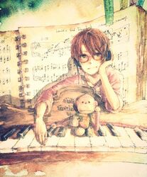  1boy arm_support bad_id bad_pixiv_id bass_clef beamed_eighth_notes beamed_sixteenth_notes binder brown_hair dadadadadaist eighth_note flat_sign glasses half_rest headphones instrument keyboard_(instrument) male_focus marashii monkey musical_note painting_(medium) quarter_note sheet_music solo stuffed_animal stuffed_toy traditional_media treble_clef vocaloid watercolor_(medium) world&#039;s_end_dancehall_(vocaloid) 