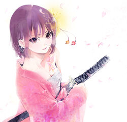  axis_powers_hetalia bare_shoulders commentary_request female flower genderswap_(mtf) glint hadanugi_dousa hair_flower hair_ornament highres ihiro japan_(hetalia) japanese_clothes katana kimono open_clothes open_kimono petals photoshop_(medium) purple_eyes purple_hair rule_63 sarashi sheath short_hair solo sword tattoo unsheathing weapon 