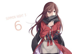  belt brown_eyes brown_hair commentary_request female hazel_(summon_night) long_hair oxo pantyhose photoshop_(medium) scarf simple_background solo summon_night summon_night_3 white_background 