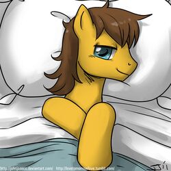  1:1 2011 ambiguous_gender bed blue_eyes brown_hair caramel_(mlp) digital_media_(artwork) earth_pony equid equine feral friendship_is_magic fur furniture hair happy hasbro horse john_joseco looking_at_viewer male mammal my_little_pony pillow pony smile solo text url yellow_body yellow_fur 