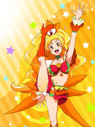  :d adapted_costume alternate_form arm_up blonde_hair boots brooch choker commentary_request cure_honey cure_honey_(coconut_samba) earrings female female_pubic_hair green_choker happinesscharge_precure! heart heart_brooch highres jewelry knee_boots kurohime_kiryuu leg_up long_hair magical_girl midriff miniskirt navel oomori_yuuko open_mouth orange_background orange_footwear panties precure pubic_hair samba skirt smile solo striped striped_background underwear white_panties wrist_cuffs yellow_eyes 