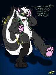  2012 3:4 animate_inanimate anthro biped black_background black_body black_fur black_nose bottomless catmonkshiro clothed clothing digital_drawing_(artwork) digital_media_(artwork) english_text featureless_crotch firr fur green_background green_clothing green_topwear green_vest hair hindpaw living_plushie male mammal mephitid open_mouth pawpads paws plushie sewing sewing_needle simple_background skunk solo standing text toony topwear transformation vest white_body white_fur white_hair worried 