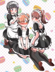  1boy 2girls admiral_(kancolle) age_difference alternate_costume alternate_hairstyle black_legwear blunt_bangs blush brown_hair clip_studio_paint_(medium) commentary_request cosplay crossdressing kantai_collection kitakami_(kancolle) little_boy_admiral_(kancolle) long_hair maid_headdress mochisaka_mitsuki multiple_girls one_eye_closed onee-shota ooi_(kancolle) school_uniform serafuku side_ponytail thighhighs zettai_ryouiki 