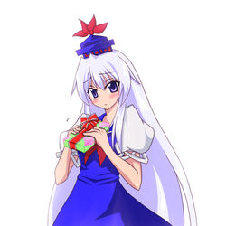  blush commentary_request dress female gift hat holding holding_gift kamishirasawa_keine long_hair netachou purple_eyes solo touhou upper_body valentine very_long_hair white_hair 