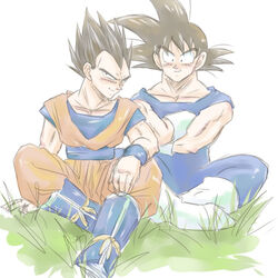  2boys black_eyes black_hair blue_footwear bodysuit boots commentary_request cosplay costume_switch dragon_ball dragon_ball_z ewokaku gloves grass lowres male_focus multiple_boys muscular sitting smile son_goku spiked_hair vegeta 