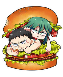  2boys black_eyes black_hair burger commentary_request eating food food_in_mouth food_on_face green_eyes green_hair itsuho_(panel11) lettuce long_hair makishima_yuusuke male_focus multicolored_hair multiple_boys oversized_food oversized_object red_hair sweatdrop tadokoro_jin tomato two-tone_hair yowamushi_pedal 