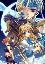  2girls 3boys blonde_hair blue_eyes boris_jinneman braid commentary_request flower long_hair lucian_kaltz mila_nebraska moon multiple_boys multiple_girls navel nayatrei night night_sky orange_hair photoshop_(medium) purple_eyes purple_hair riv_(rivleaf) short_hair silver_hair sky sword tales_weaver tichiel_juspian twin_braids weapon wings yellow_eyes 