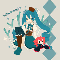  2girls aqua_eyes aqua_hair bad_id bad_pixiv_id character_name charlotte_(madoka_magica) charlotte_(madoka_magica)_(cosplay) commentary_request corset cosplay crossover detached_sleeves drill_hair hat hatsune_miku kasane_teto long_hair mahou_shoujo_madoka_magica mahou_shoujo_madoka_magica_(anime) miri_(cherryjelly) multiple_girls red_hair sitting spring_onion striped_clothes striped_thighhighs thighhighs tomoe_mami tomoe_mami_(cosplay) tomoe_mami_(magical_girl) twin_drills twintails utau vertical-striped_clothes vertical-striped_thighhighs very_long_hair vocaloid 