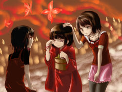  3girls akiha_035 amakura_mayu amakura_mio blush brown_eyes brown_hair bug butterfly commentary_request dress fatal_frame fatal_frame_2 japanese_clothes kimono multiple_girls photoshop_(medium) rattle short_hair siblings skirt tachibana_chitose tears twins 