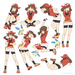  :3 arms_behind_back bandana bike_shorts blue_eyes brown_hair closed_eyes commentary drawinglee female gloves hand_on_own_hip hat may_(pokemon) minun oerba_yun_fang open_mouth photoshop_(medium) pokemon pokemon_(creature) pokemon_adventures reference_sheet short_hair sitting smile unworn_bandana 