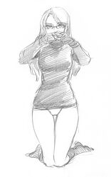  archived_source female glasses greyscale long_hair monochrome mori_kaoru no_pants panties self-portrait solo sweater underwear 