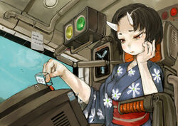  back_to_the_future bird brown_eyes brown_hair buttons closed_mouth cockpit collarbone commentary_request day ebimomo english_text female floral_print flux_capacitor head_rest horns intel japanese_clothes kimono note obi oni oni_horns original sash short_hair sitting sky solo the_big_o translated 