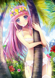  bad_id bad_pixiv_id blue_eyes blue_sky blunt_bangs blush bra breasts building cleavage cowboy_shot day elf female flower flower_in_mouth garter_belt head_wreath hibiscus hugging_object lace lace-trimmed_panties lace_trim leaf long_hair looking_at_viewer medium_breasts mouth_hold ocean original outdoors palm_tree panties pecorin photoshop_(medium) pink_flower pink_hair pointy_ears red_flower ribbon sky solo straight_hair tree underboob underwear underwear_only very_long_hair watermark web_address white_bra white_legwear white_panties white_ribbon 