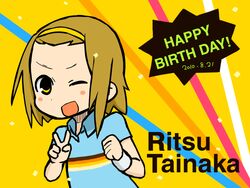  brown_eyes brown_hair casual commentary_request female hairband happy_birthday hizaki_ryuuta k-on! one_eye_closed short_hair solo tainaka_ritsu v 