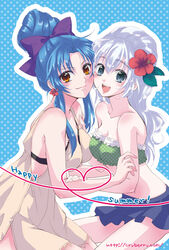  2girls bad_id bad_pixiv_id bare_shoulders blue_eyes blue_hair bow brown_eyes chidori_kaname flower full_metal_panic hair_flower hair_ornament hairbow multiple_girls ponytail smile teletha_testarossa white_hair yuzuki_kisa 