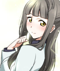  blush female from_behind from_side grey_hair ikari_manatsu long_hair looking_at_viewer looking_back love_live! love_live!_school_idol_project minami_kotori&#039;s_mother photoshop_(medium) simple_background smile solo upper_body white_background yellow_eyes 